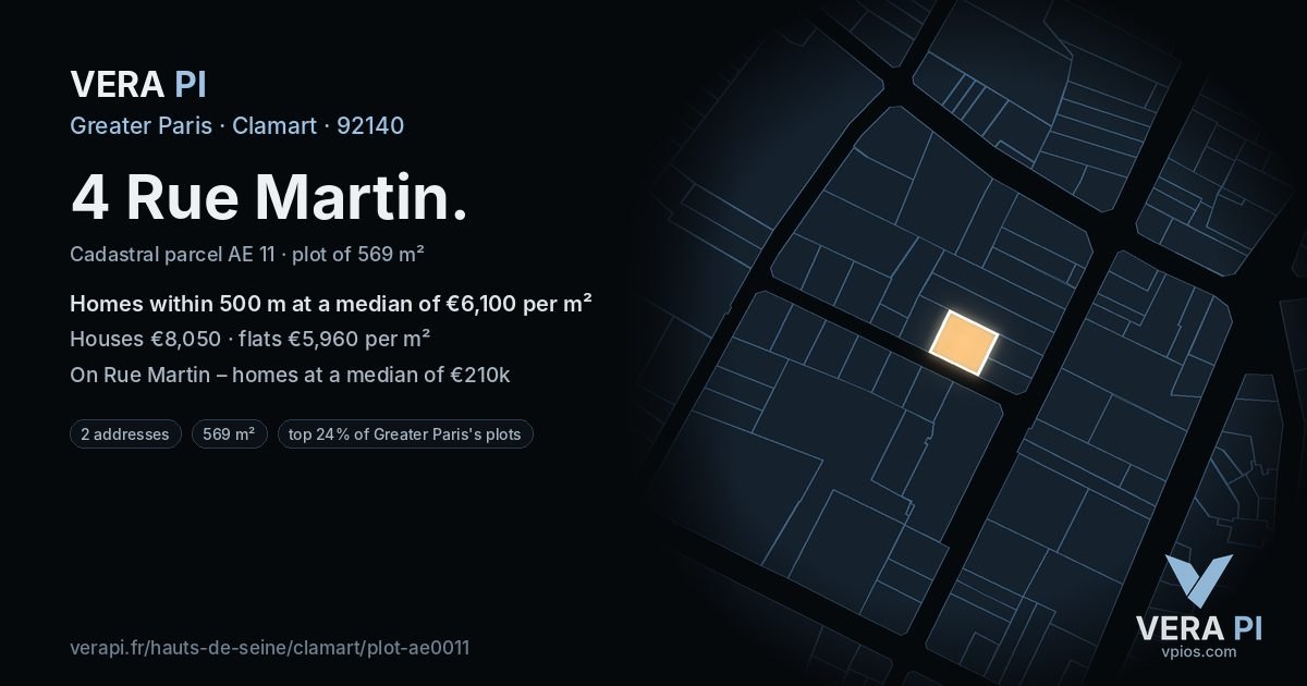 4 Rue Martin, Clamart at night – the plot lit, the parcels around coloured by the prices near them