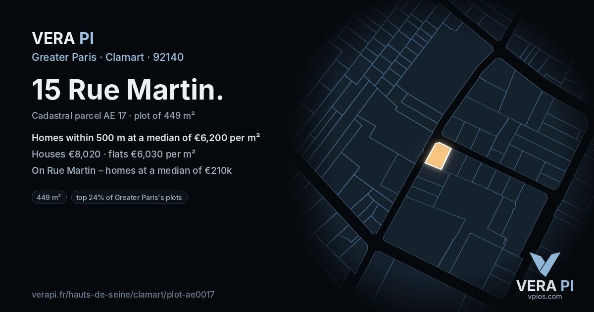 15 Rue Martin, Clamart at night – the plot lit, the parcels around coloured by the prices near them
