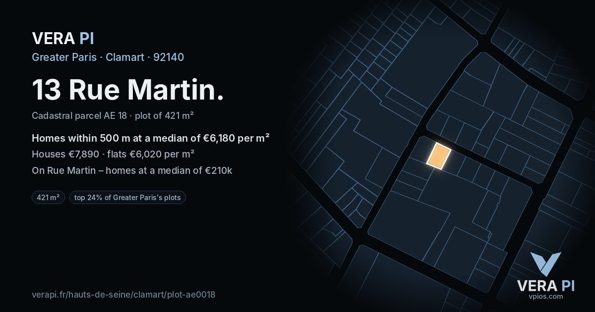 13 Rue Martin, Clamart at night – the plot lit, the parcels around coloured by the prices near them
