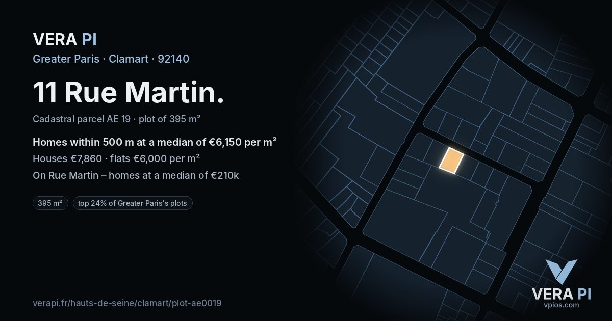 11 Rue Martin, Clamart at night – the plot lit, the parcels around coloured by the prices near them
