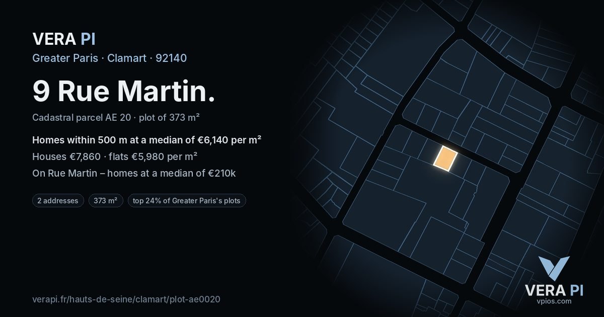 9 Rue Martin, Clamart at night – the plot lit, the parcels around coloured by the prices near them