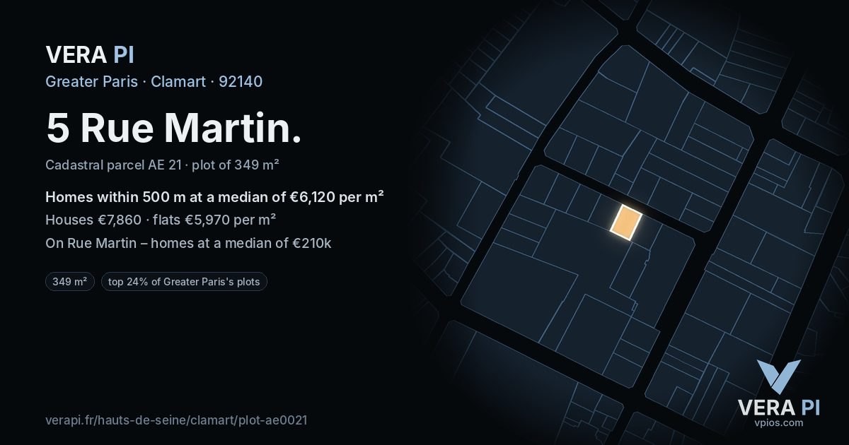 5 Rue Martin, Clamart at night – the plot lit, the parcels around coloured by the prices near them