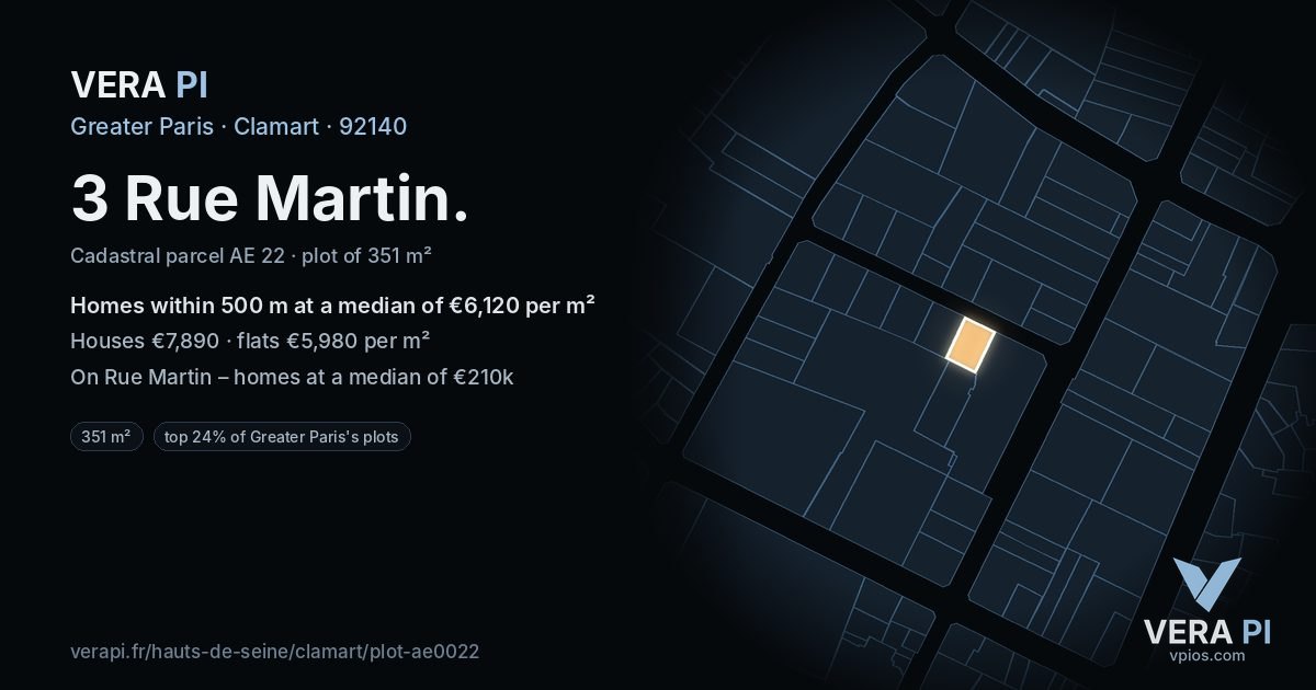 3 Rue Martin, Clamart at night – the plot lit, the parcels around coloured by the prices near them
