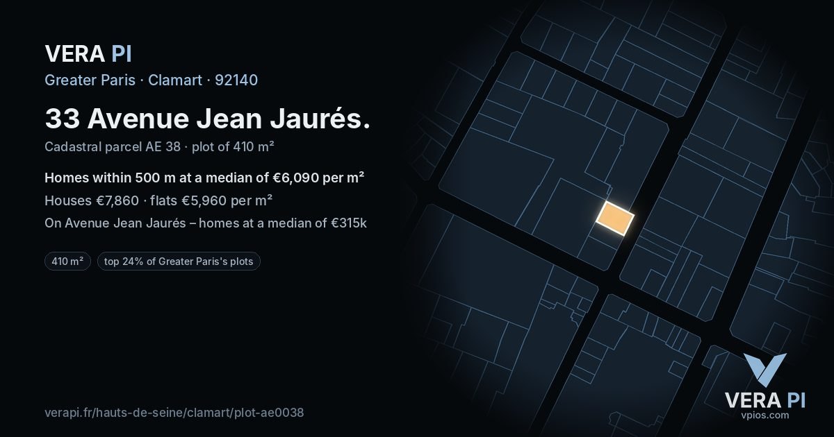 33 Avenue Jean Jaurés, Clamart at night – the plot lit, the parcels around coloured by the prices near them