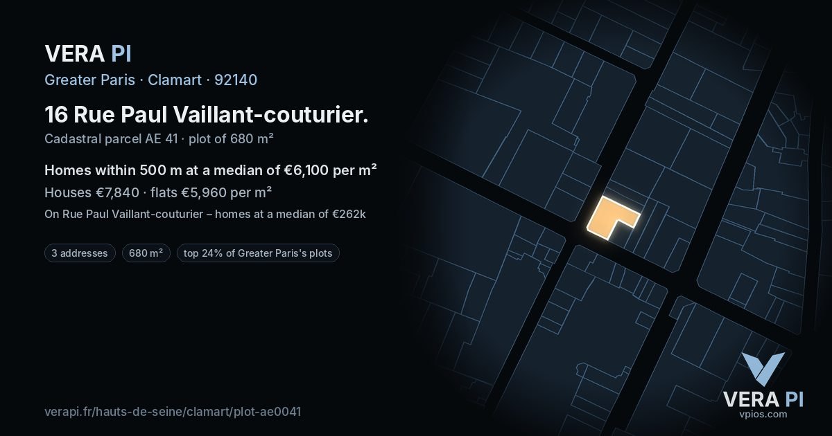 16 Rue Paul Vaillant-couturier, Clamart at night – the plot lit, the parcels around coloured by the prices near them