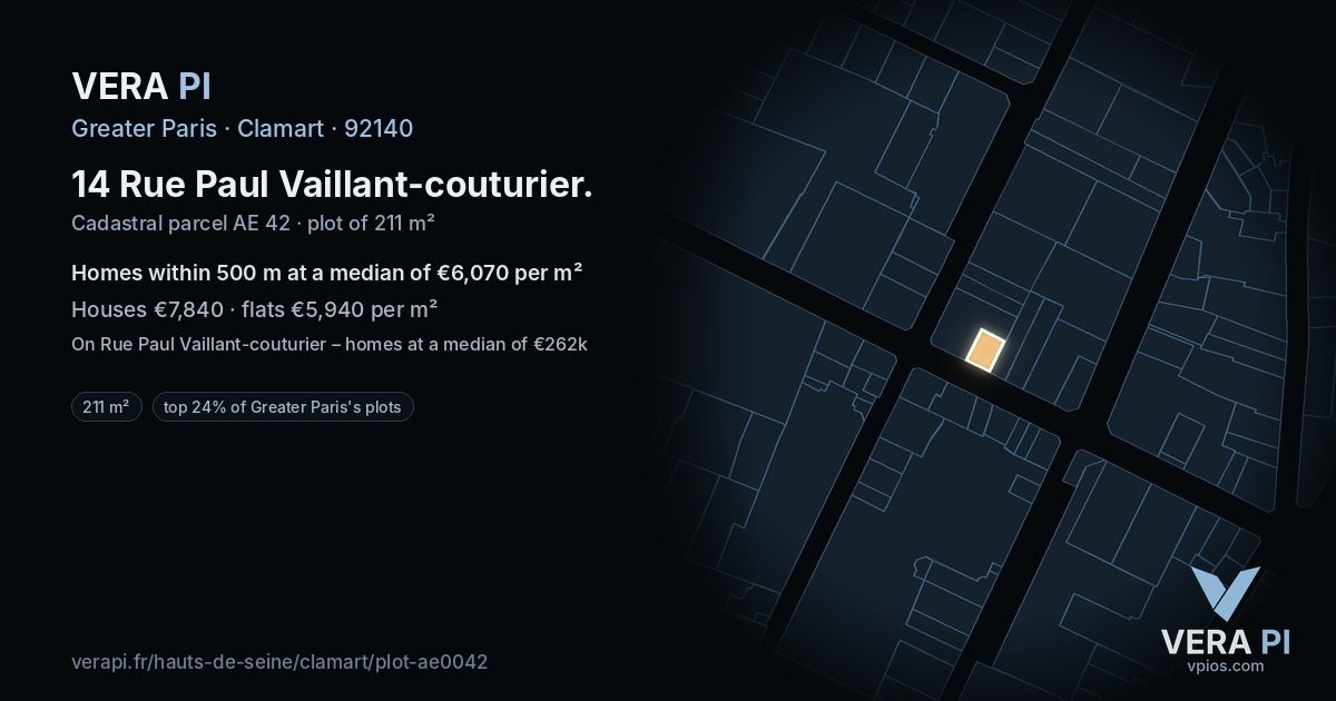 14 Rue Paul Vaillant-couturier, Clamart at night – the plot lit, the parcels around coloured by the prices near them