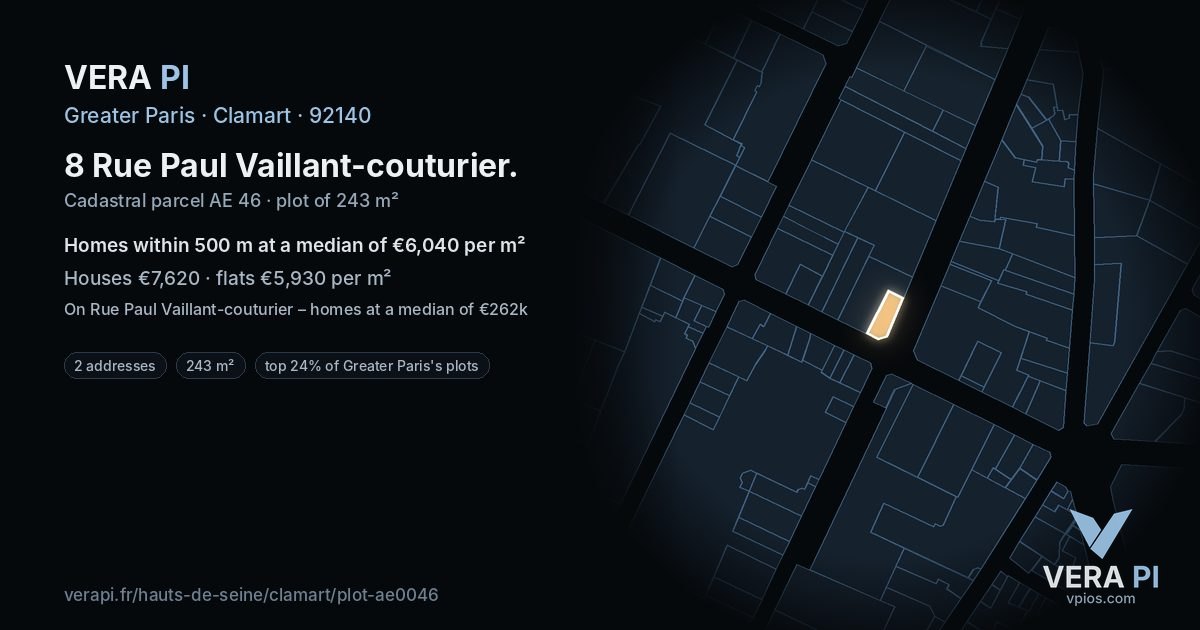 8 Rue Paul Vaillant-couturier, Clamart at night – the plot lit, the parcels around coloured by the prices near them
