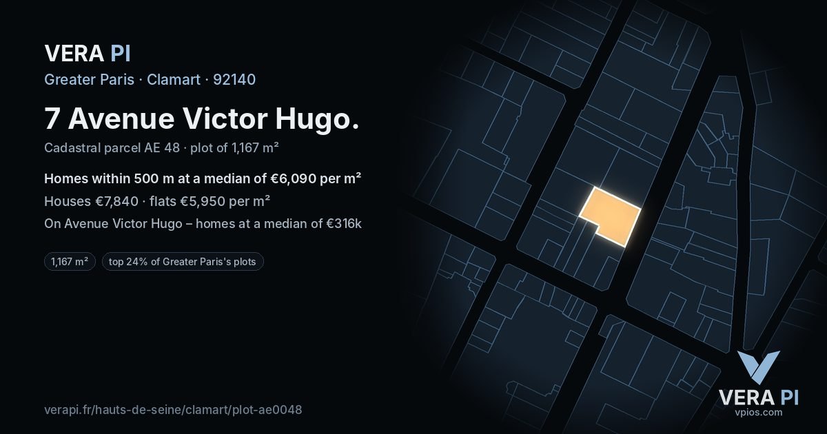 7 Avenue Victor Hugo, Clamart at night – the plot lit, the parcels around coloured by the prices near them