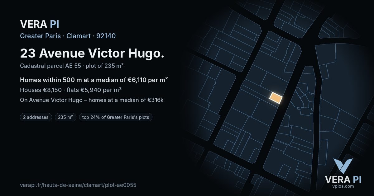 23 Avenue Victor Hugo, Clamart at night – the plot lit, the parcels around coloured by the prices near them
