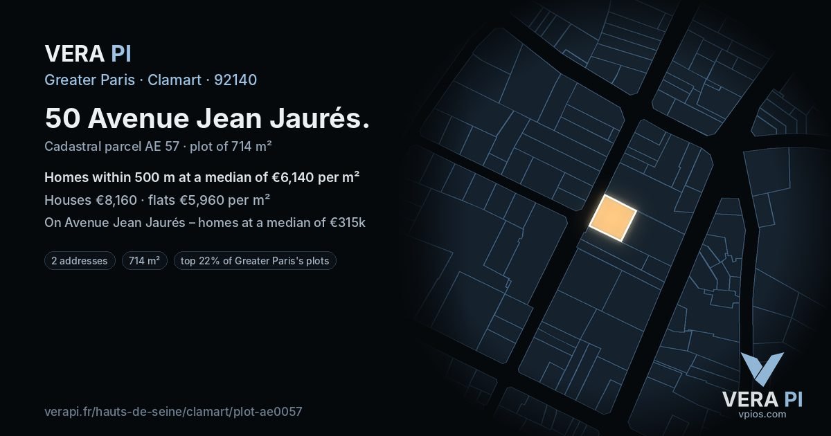 50 Avenue Jean Jaurés, Clamart at night – the plot lit, the parcels around coloured by the prices near them