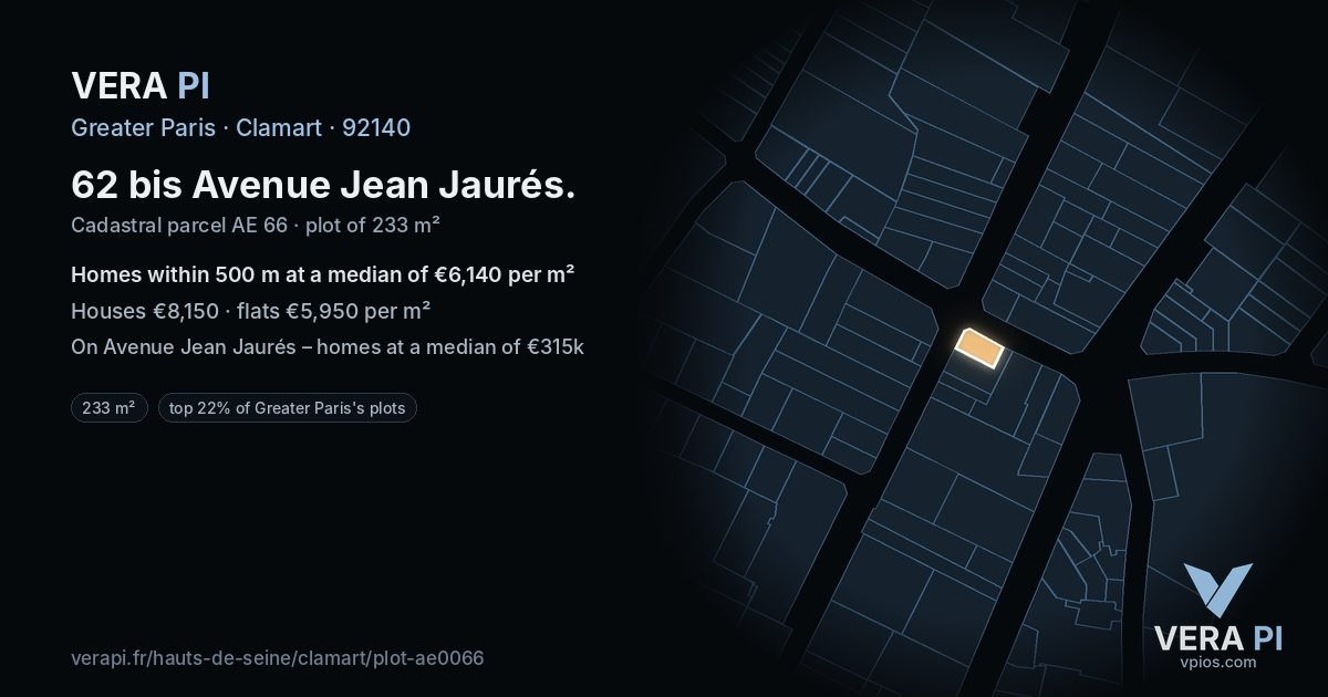 62 bis Avenue Jean Jaurés, Clamart at night – the plot lit, the parcels around coloured by the prices near them