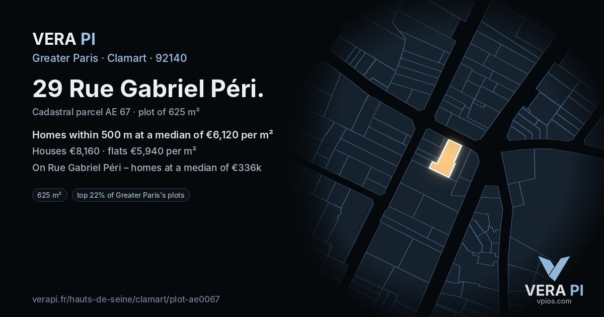 29 Rue Gabriel Péri, Clamart at night – the plot lit, the parcels around coloured by the prices near them