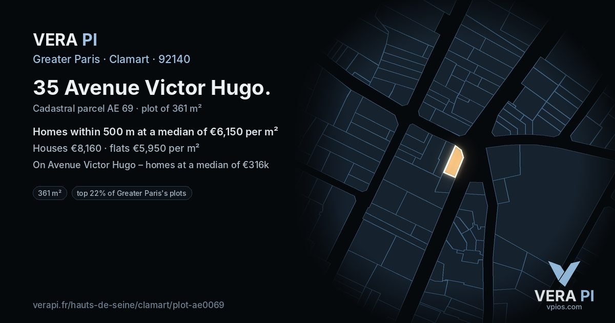 35 Avenue Victor Hugo, Clamart at night – the plot lit, the parcels around coloured by the prices near them