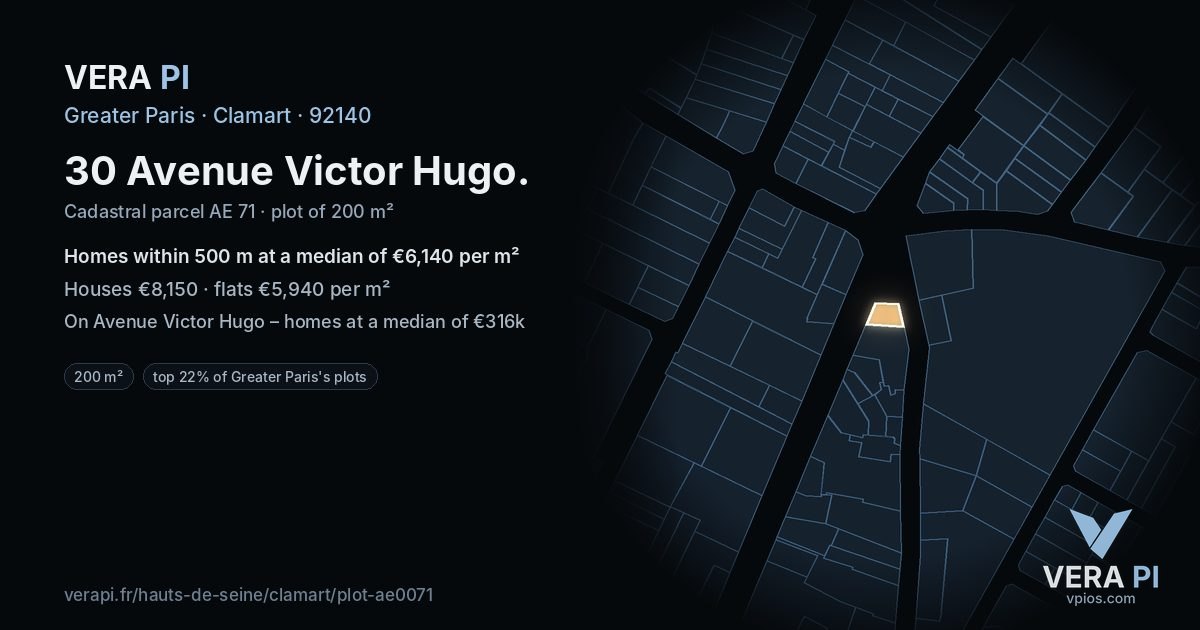 30 Avenue Victor Hugo, Clamart at night – the plot lit, the parcels around coloured by the prices near them