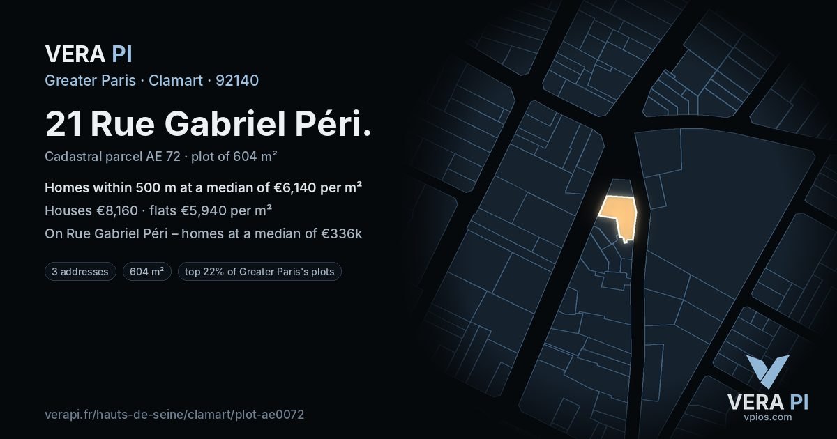 21 Rue Gabriel Péri, Clamart at night – the plot lit, the parcels around coloured by the prices near them
