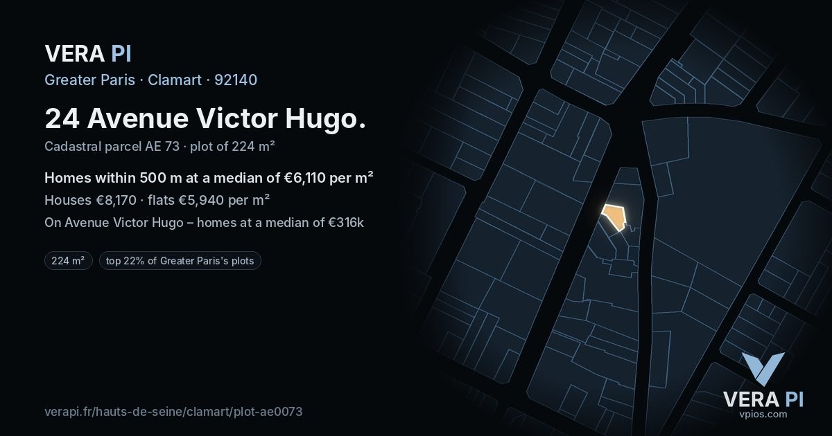 24 Avenue Victor Hugo, Clamart at night – the plot lit, the parcels around coloured by the prices near them