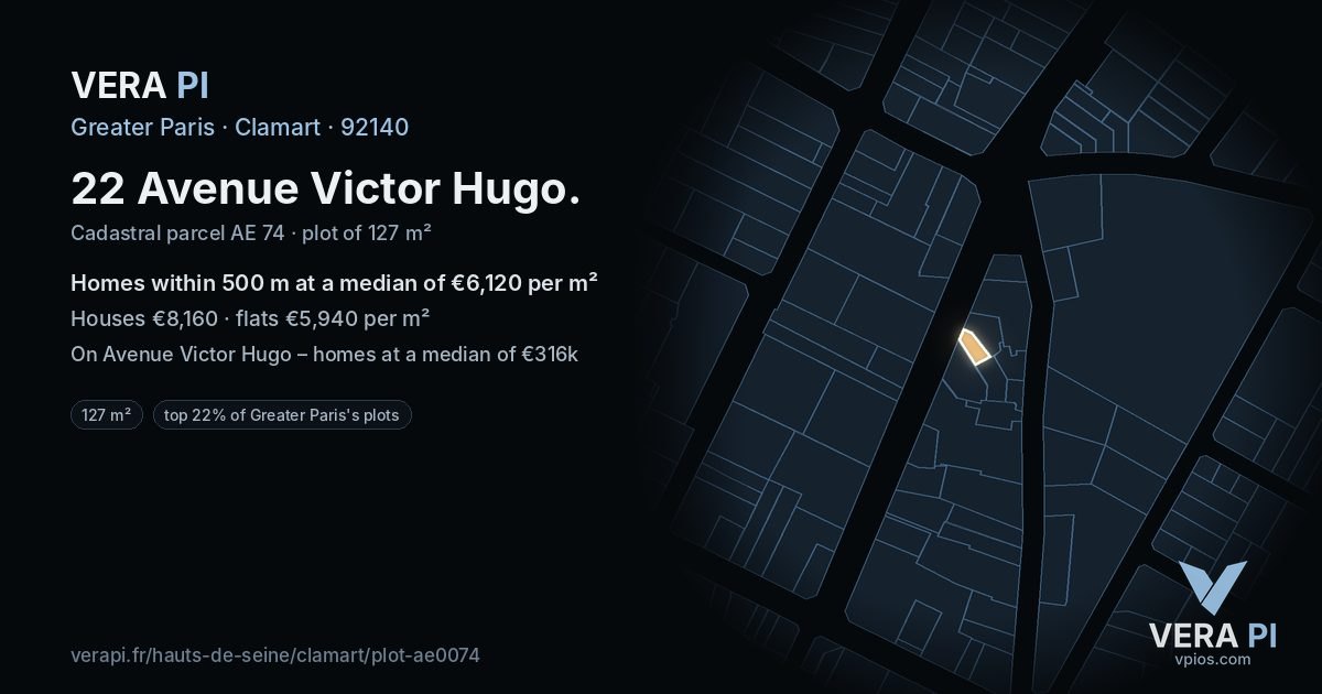 22 Avenue Victor Hugo, Clamart at night – the plot lit, the parcels around coloured by the prices near them