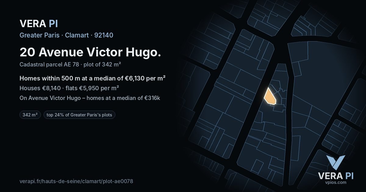 20 Avenue Victor Hugo, Clamart at night – the plot lit, the parcels around coloured by the prices near them
