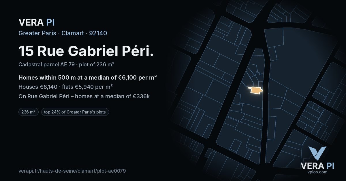 15 Rue Gabriel Péri, Clamart at night – the plot lit, the parcels around coloured by the prices near them