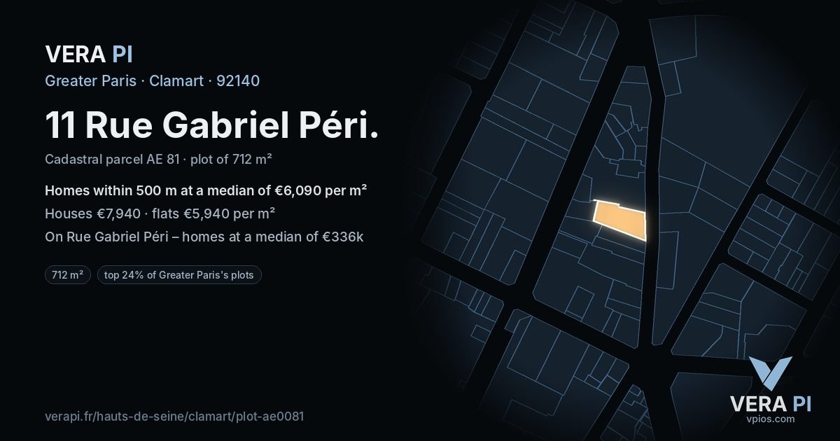11 Rue Gabriel Péri, Clamart at night – the plot lit, the parcels around coloured by the prices near them