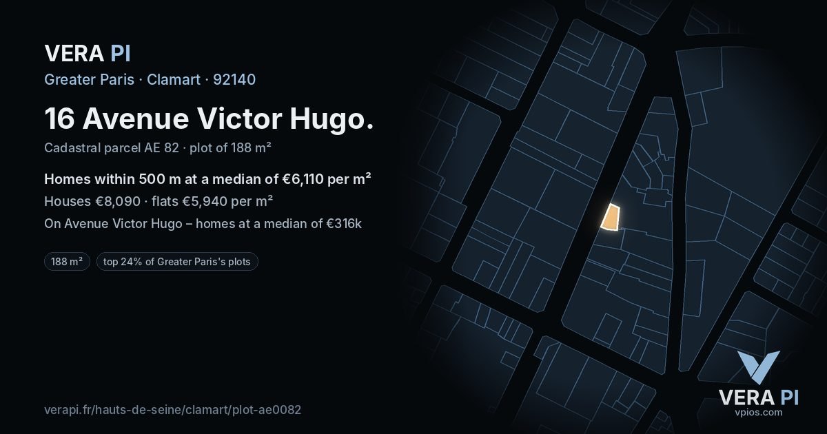 16 Avenue Victor Hugo, Clamart at night – the plot lit, the parcels around coloured by the prices near them