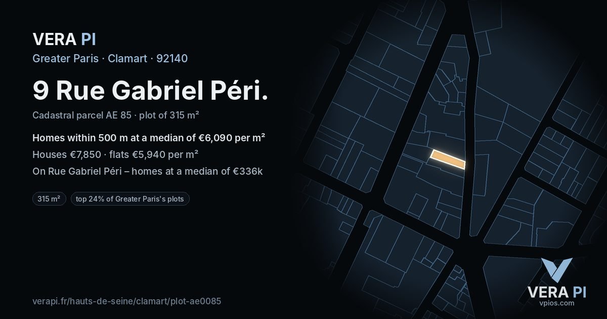 9 Rue Gabriel Péri, Clamart at night – the plot lit, the parcels around coloured by the prices near them