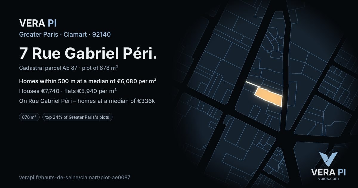 7 Rue Gabriel Péri, Clamart at night – the plot lit, the parcels around coloured by the prices near them