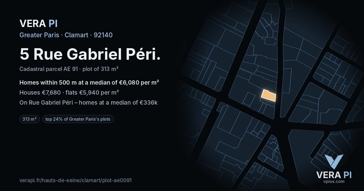 5 Rue Gabriel Péri, Clamart at night – the plot lit, the parcels around coloured by the prices near them