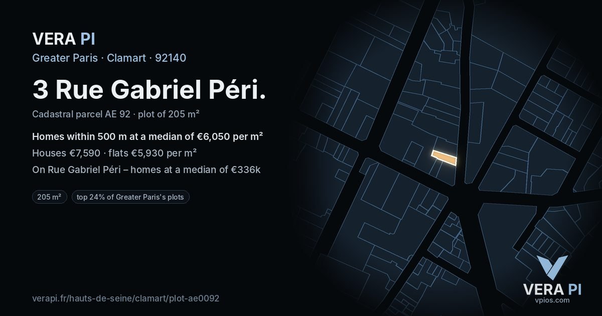 3 Rue Gabriel Péri, Clamart at night – the plot lit, the parcels around coloured by the prices near them