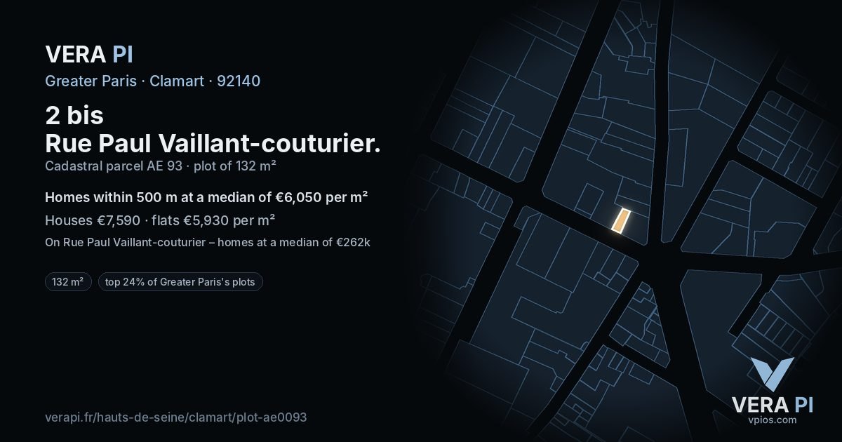 2 bis Rue Paul Vaillant-couturier, Clamart at night – the plot lit, the parcels around coloured by the prices near them