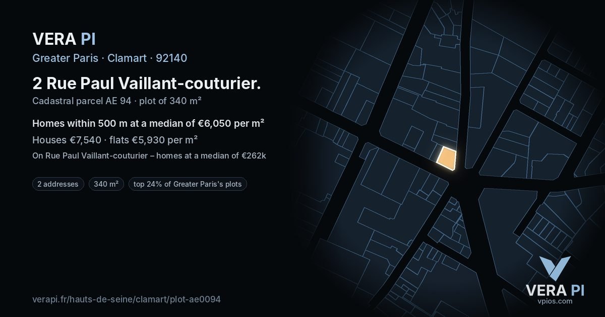 2 Rue Paul Vaillant-couturier, Clamart at night – the plot lit, the parcels around coloured by the prices near them