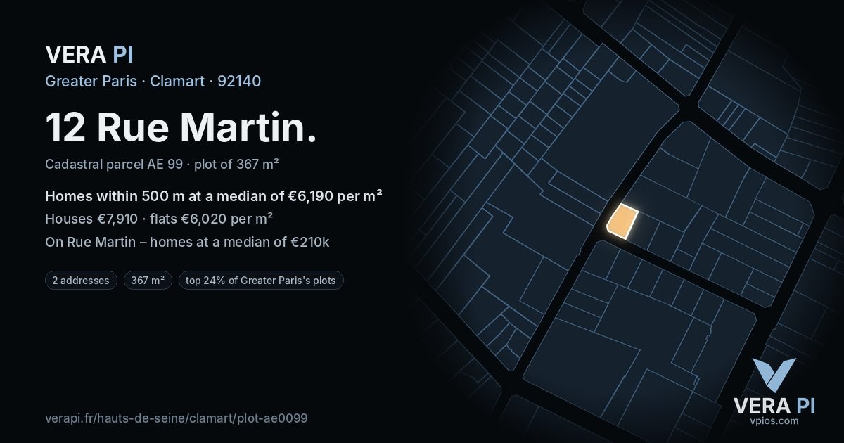 12 Rue Martin, Clamart at night – the plot lit, the parcels around coloured by the prices near them