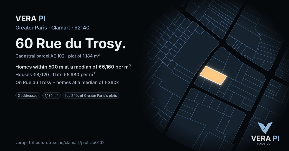 60 Rue du Trosy, Clamart at night – the plot lit, the parcels around coloured by the prices near them