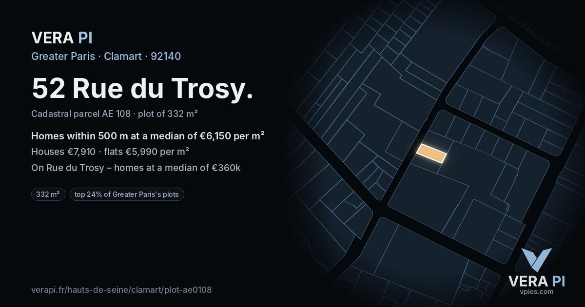 52 Rue du Trosy, Clamart at night – the plot lit, the parcels around coloured by the prices near them