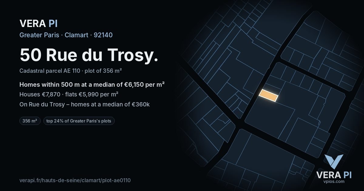 50 Rue du Trosy, Clamart at night – the plot lit, the parcels around coloured by the prices near them