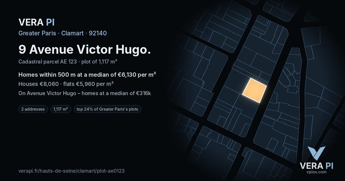 9 Avenue Victor Hugo, Clamart at night – the plot lit, the parcels around coloured by the prices near them