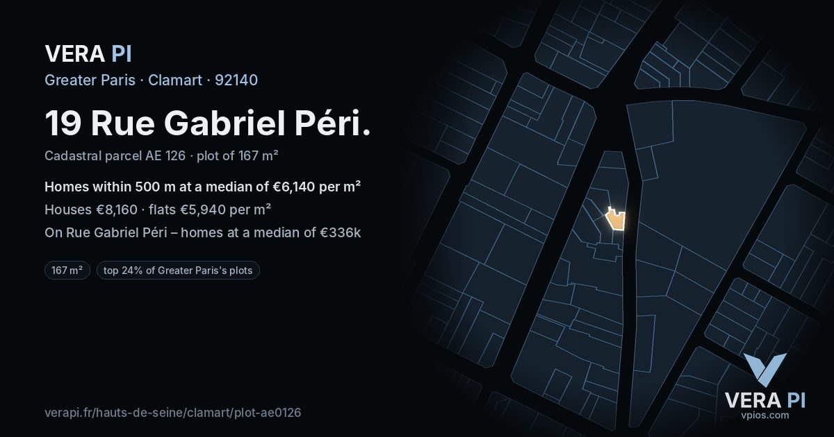 19 Rue Gabriel Péri, Clamart at night – the plot lit, the parcels around coloured by the prices near them