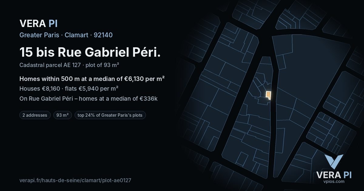 15 bis Rue Gabriel Péri, Clamart at night – the plot lit, the parcels around coloured by the prices near them