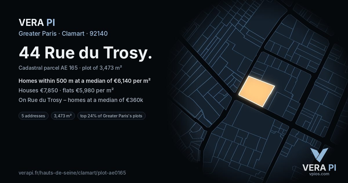 44 Rue du Trosy, Clamart at night – the plot lit, the parcels around coloured by the prices near them