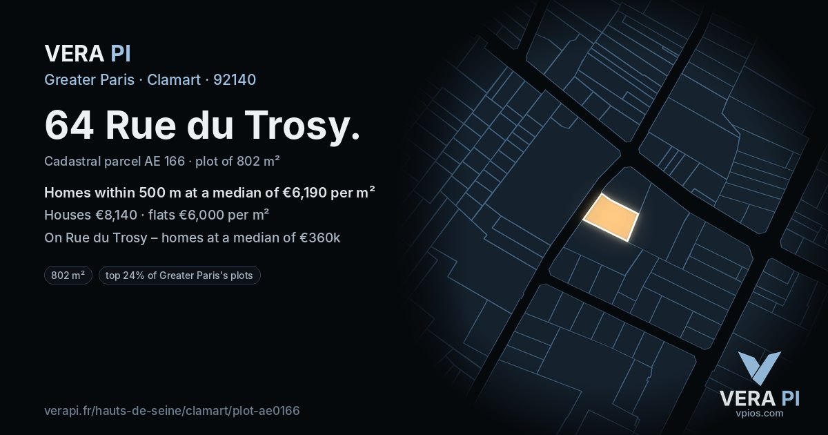 64 Rue du Trosy, Clamart at night – the plot lit, the parcels around coloured by the prices near them