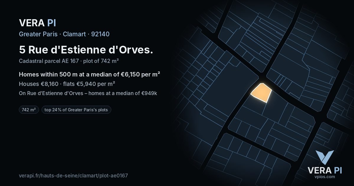 5 Rue d'Estienne d'Orves, Clamart at night – the plot lit, the parcels around coloured by the prices near them