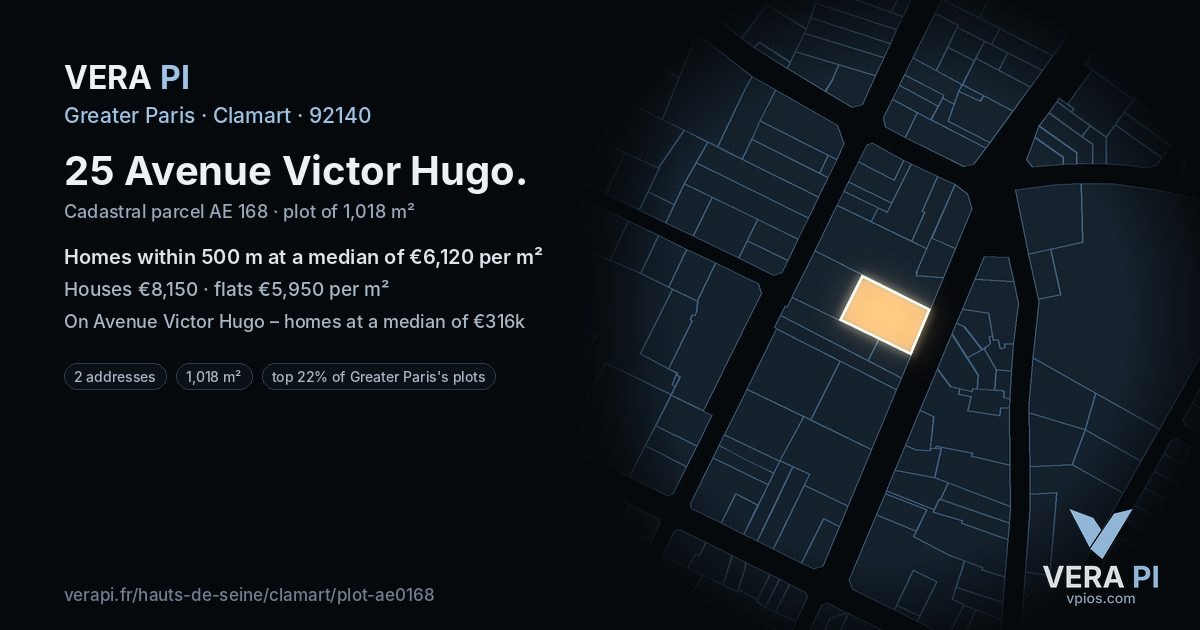 25 Avenue Victor Hugo, Clamart at night – the plot lit, the parcels around coloured by the prices near them