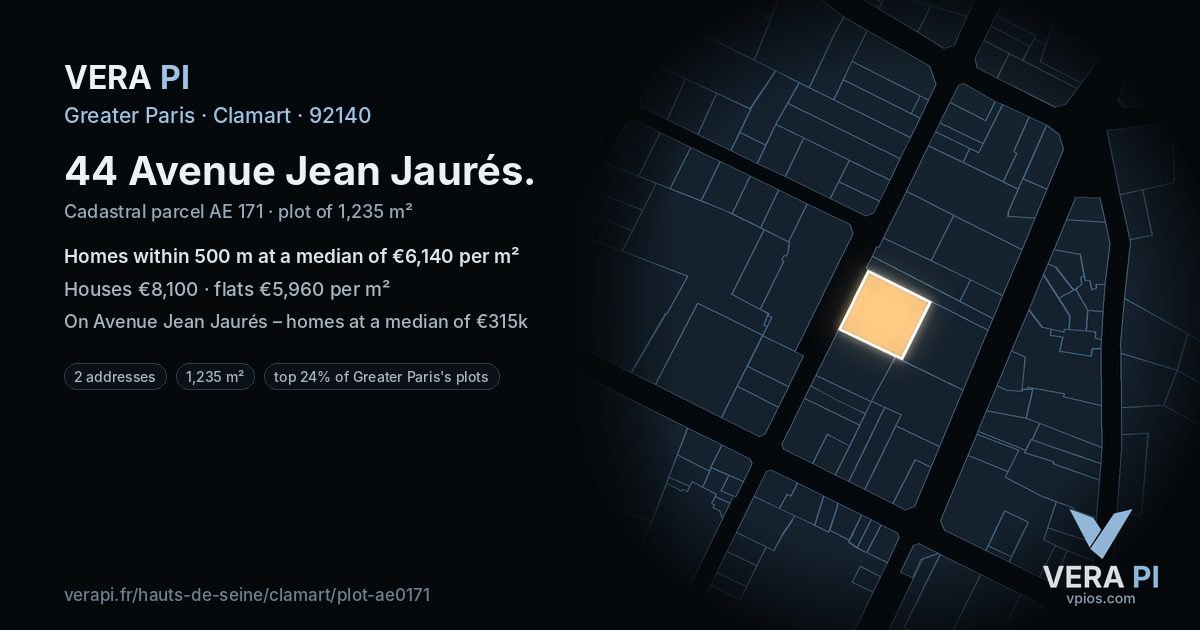 44 Avenue Jean Jaurés, Clamart at night – the plot lit, the parcels around coloured by the prices near them