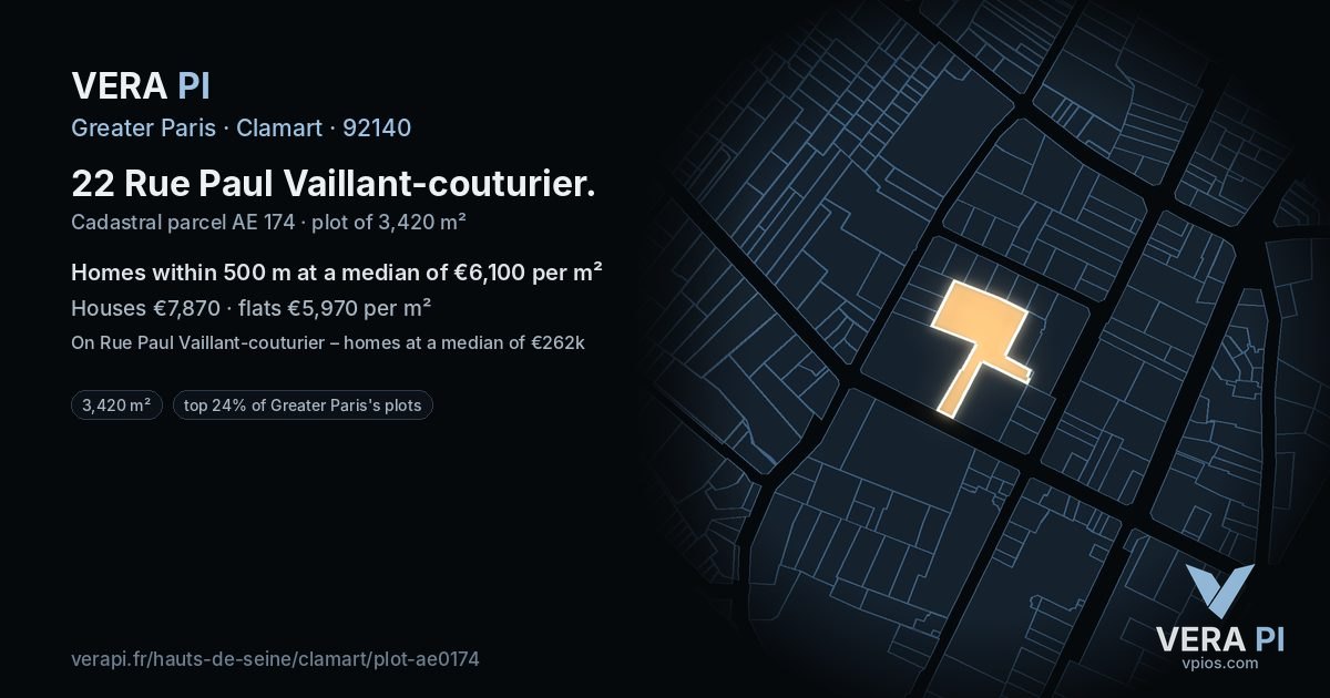22 Rue Paul Vaillant-couturier, Clamart at night – the plot lit, the parcels around coloured by the prices near them