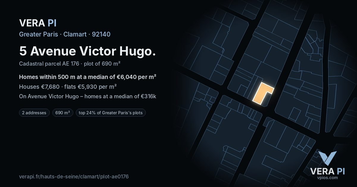 5 Avenue Victor Hugo, Clamart at night – the plot lit, the parcels around coloured by the prices near them