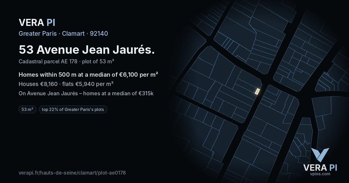 53 Avenue Jean Jaurés, Clamart at night – the plot lit, the parcels around coloured by the prices near them