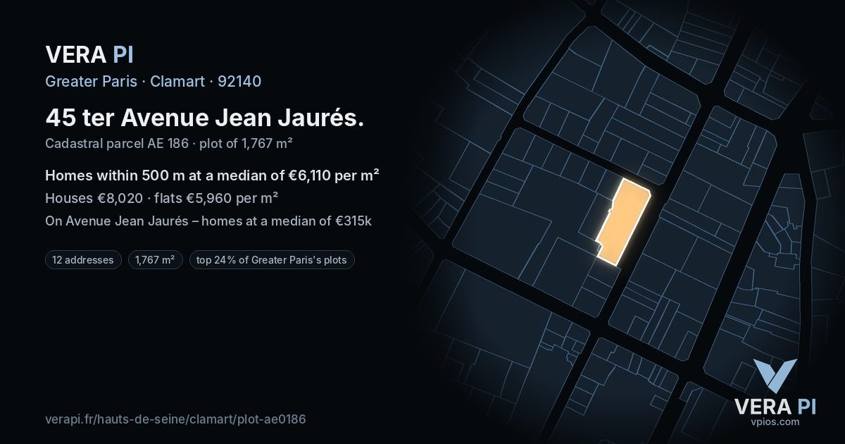 45 ter Avenue Jean Jaurés, Clamart at night – the plot lit, the parcels around coloured by the prices near them