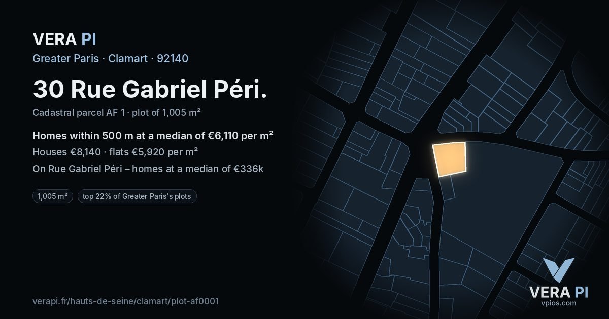 30 Rue Gabriel Péri, Clamart at night – the plot lit, the parcels around coloured by the prices near them