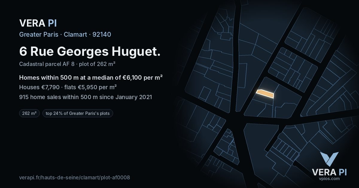 6 Rue Georges Huguet, Clamart at night – the plot lit, the parcels around coloured by the prices near them