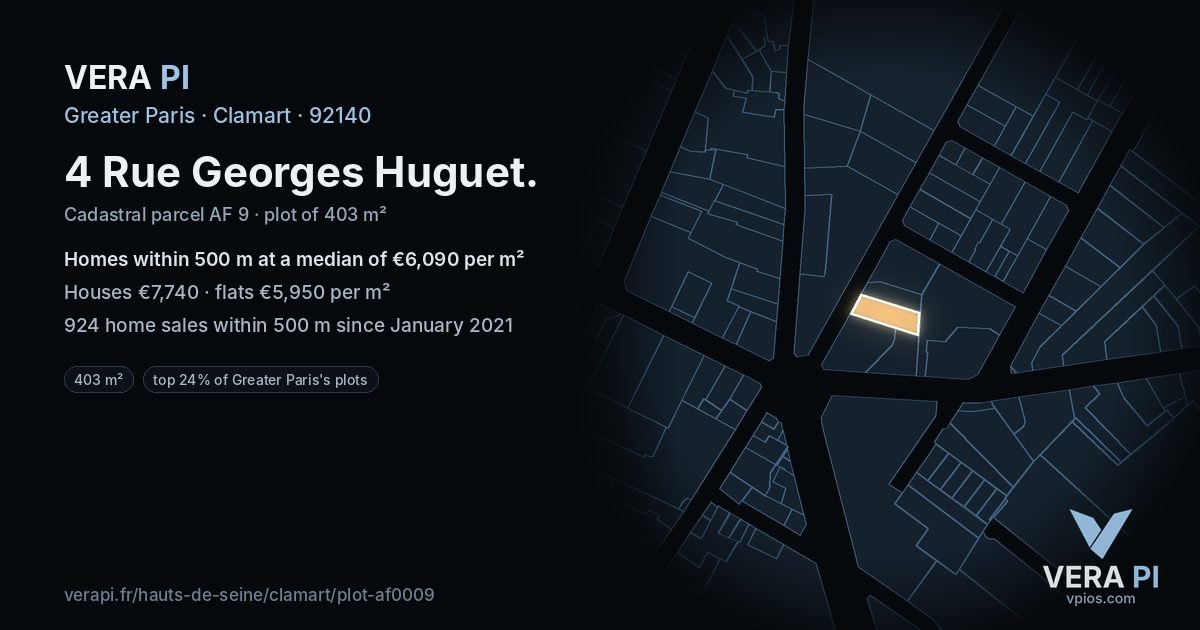 4 Rue Georges Huguet, Clamart at night – the plot lit, the parcels around coloured by the prices near them